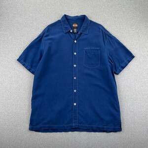 Harley Davidson Shirt Mens XL Blue Button-Up Silk Linen Short Sleeve Embroidered